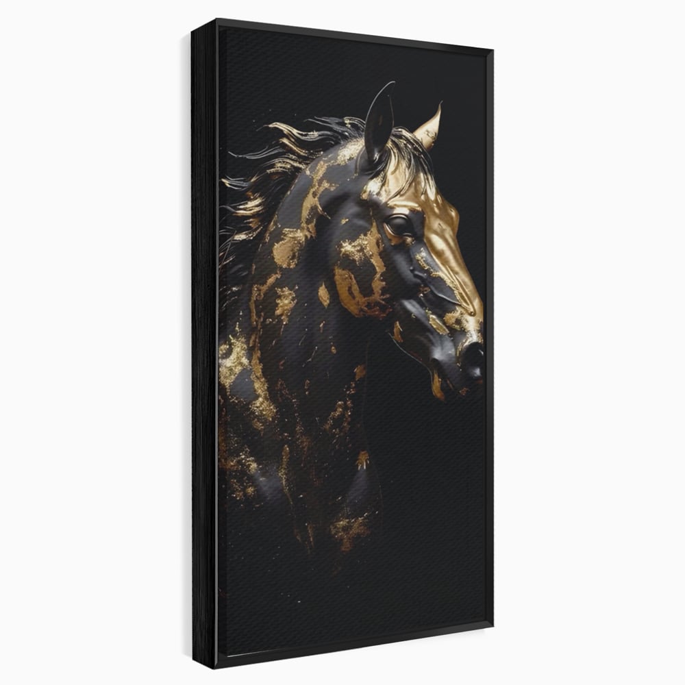 Tablou canvas cu tablou canvas cu un cal negru, in rama de aluminiu negru